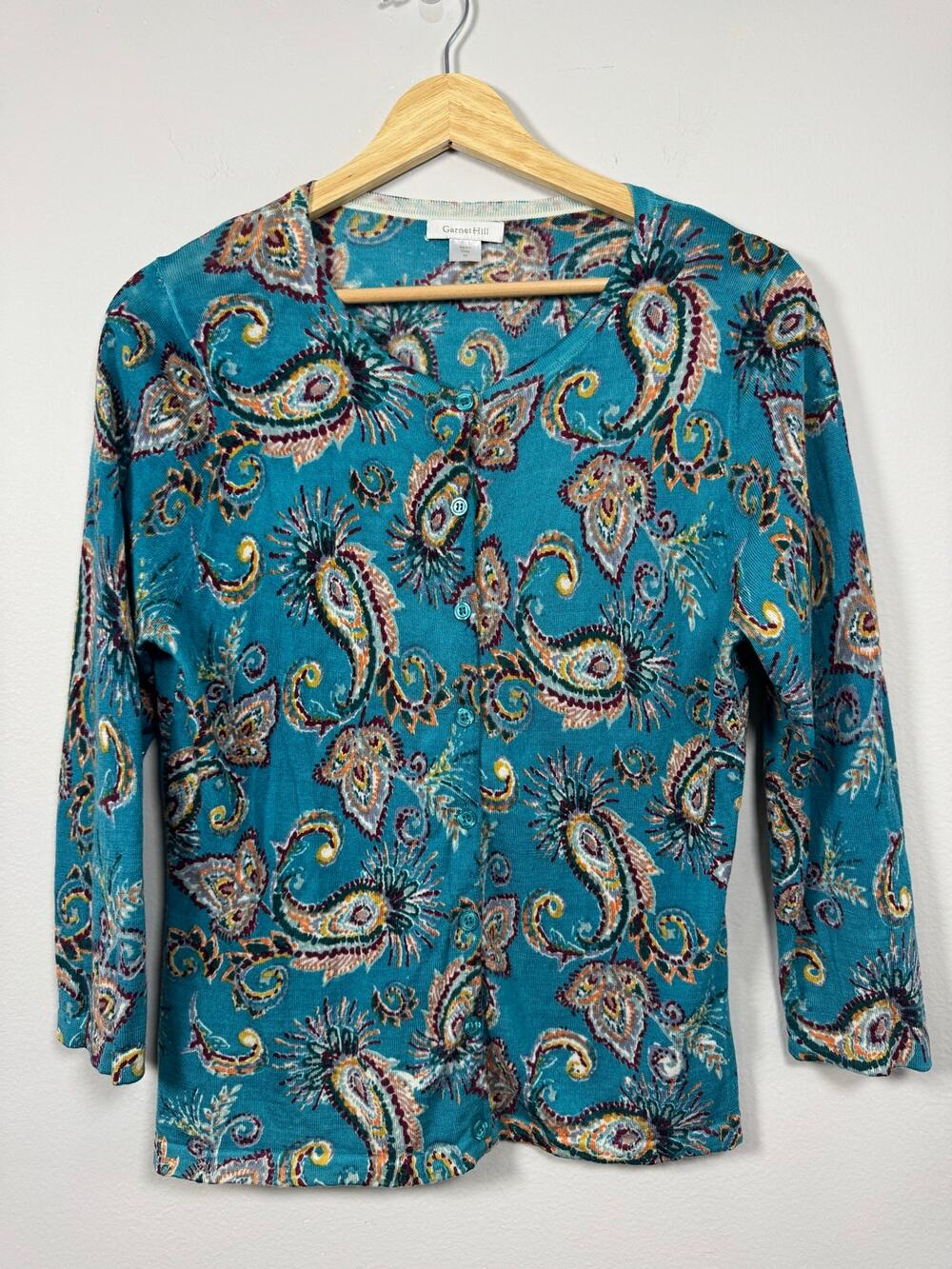 Garnet Hill Women's Merino Wool Cardigan Blue Button Down Paisley Office Casual